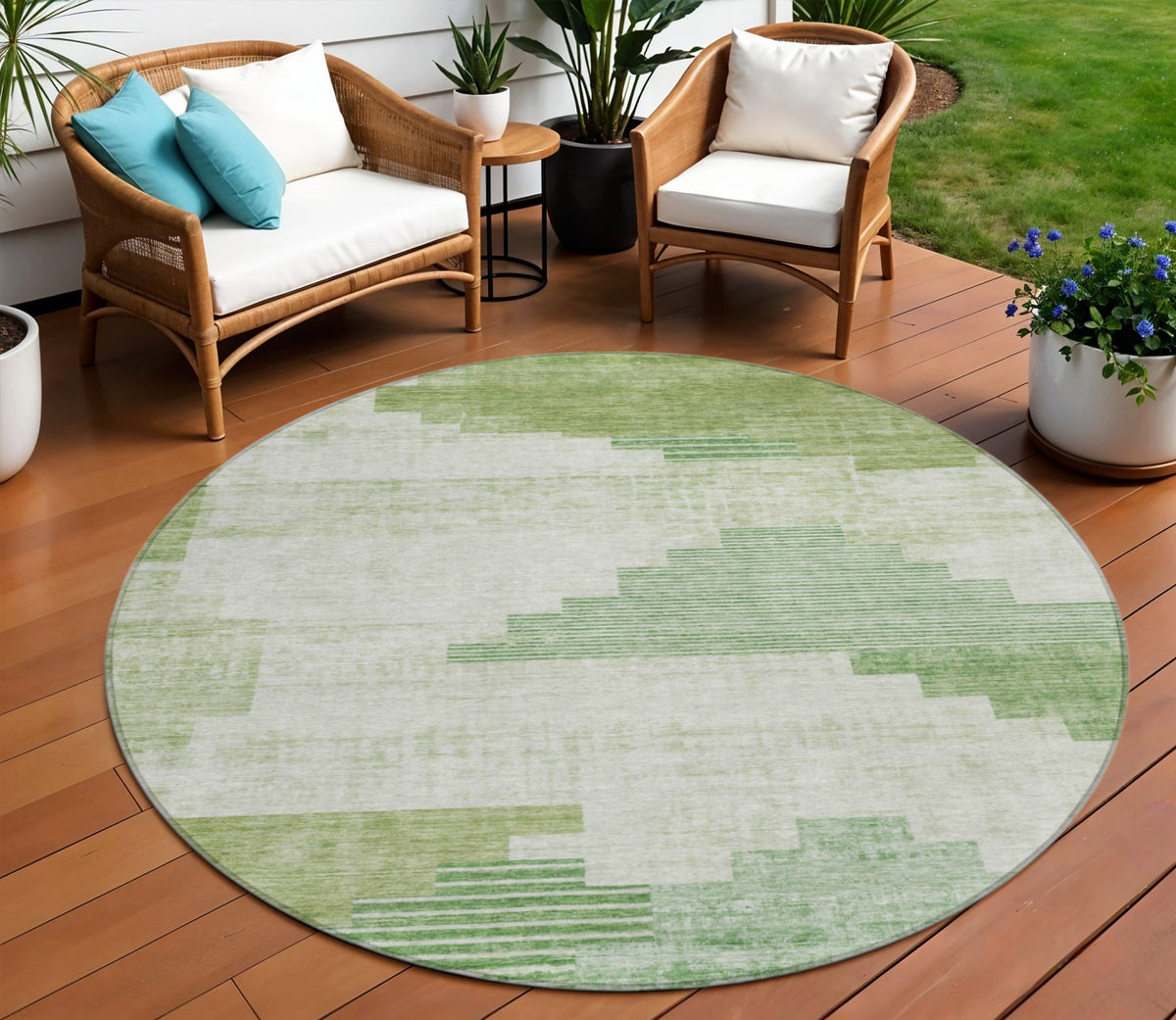 8 Sage Ivory And Olive Green Round Geometric Washable Indoor Outdoor Area Rug