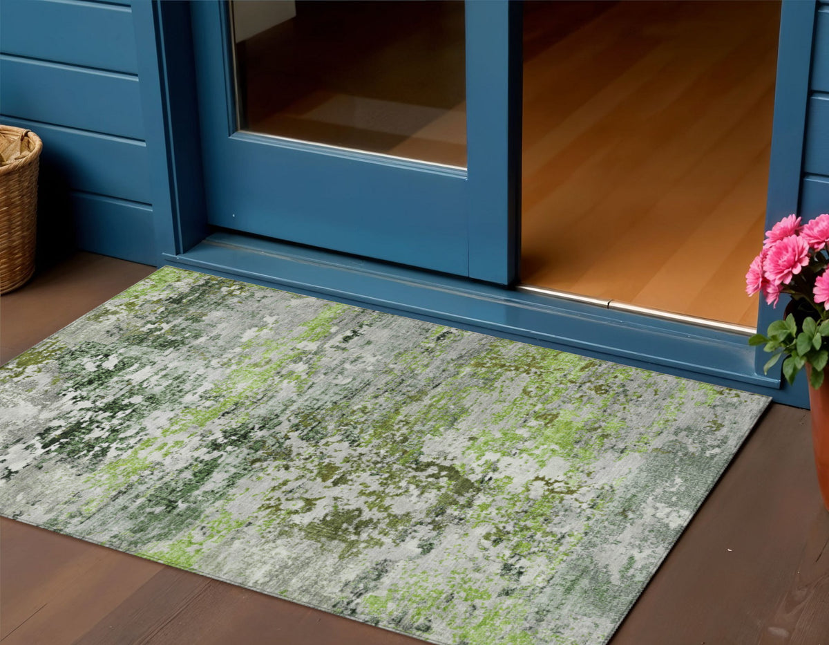 3 X 5 Artichoke Green Ivory And Gray Abstract Washable Indoor Outdoor Area Rug