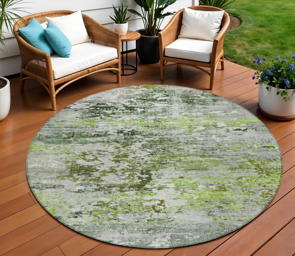 8 Artichoke Green Ivory And Gray Round Abstract Washable Indoor Outdoor Area Rug