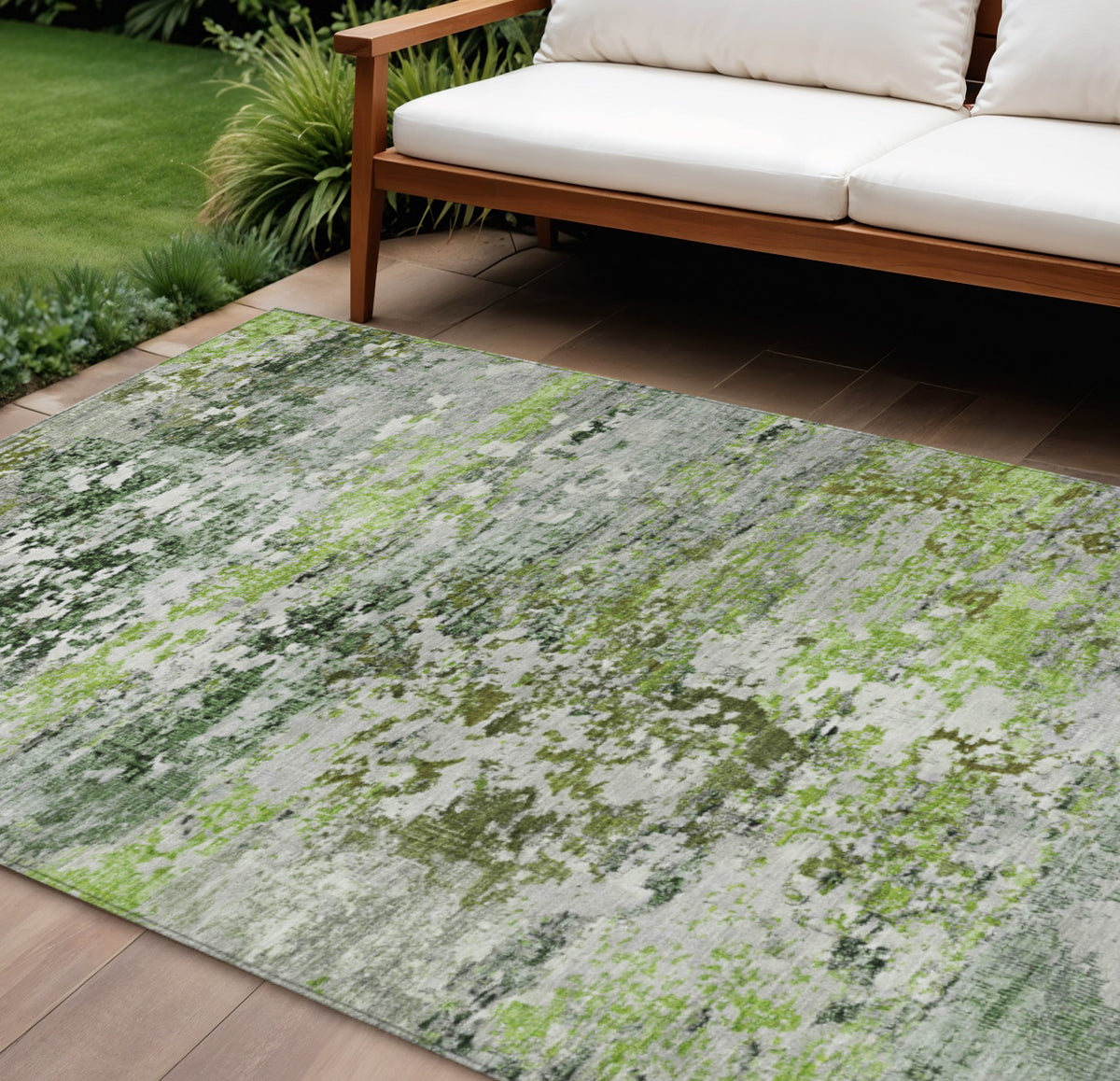 9 X 12 Artichoke Green Ivory And Gray Abstract Washable Indoor Outdoor Area Rug