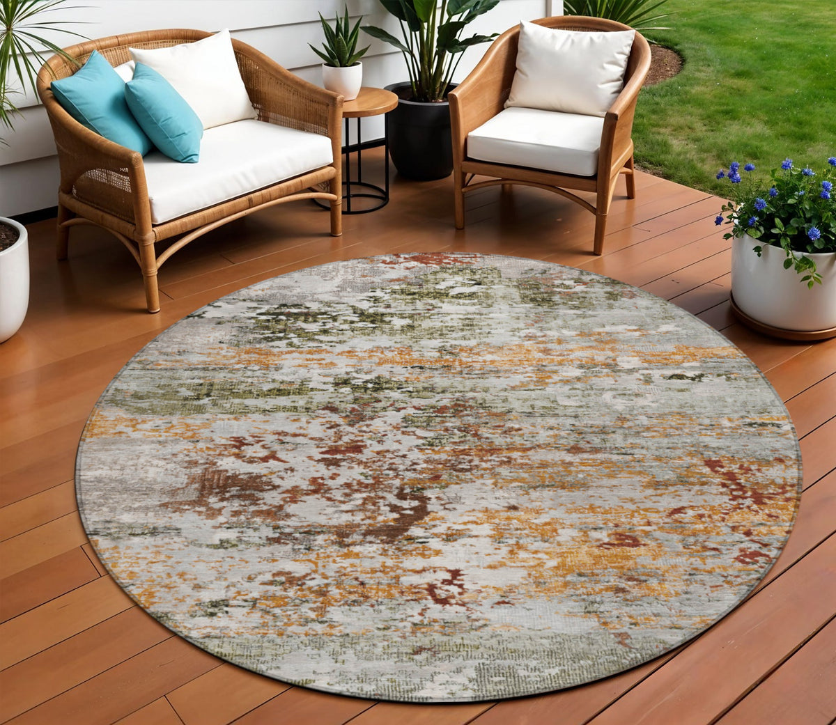 8 Terra Cotta Gray And Ivory Round Abstract Washable Indoor Outdoor Area Rug