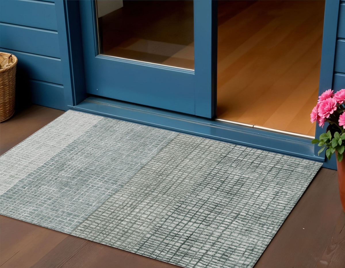 3 X 5 Aqua And Gray Geometric Washable Indoor Outdoor Area Rug