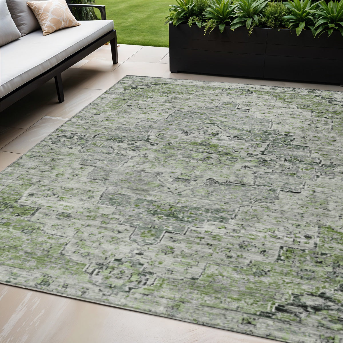 5 X 8 Artichoke Green And Gray Medallion Washable Indoor Outdoor Area Rug