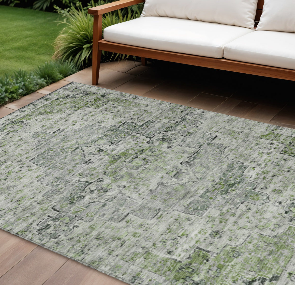 9 X 12 Artichoke Green And Gray Medallion Washable Indoor Outdoor Area Rug