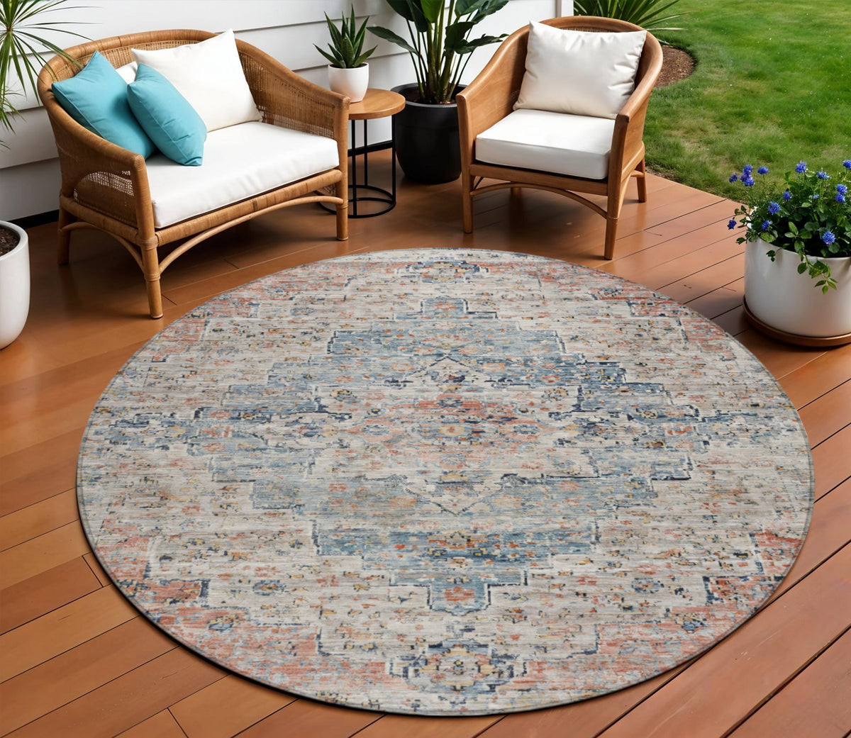 8 Beige And Denim Blue Round Medallion Washable Indoor Outdoor Area Rug
