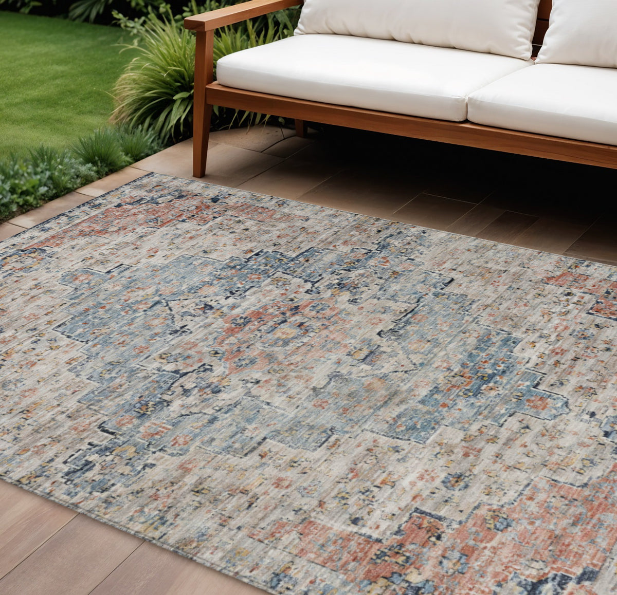 8 X 10 Beige And Denim Blue Medallion Washable Indoor Outdoor Area Rug