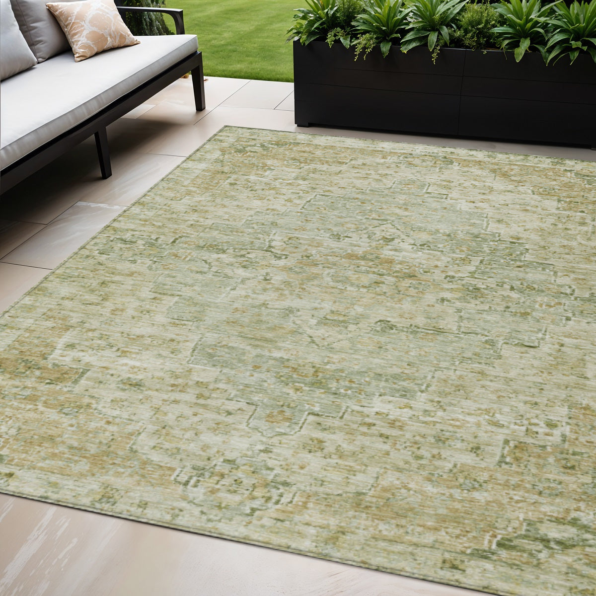5 X 8 Sage And Wheat Medallion Washable Indoor Outdoor Area Rug