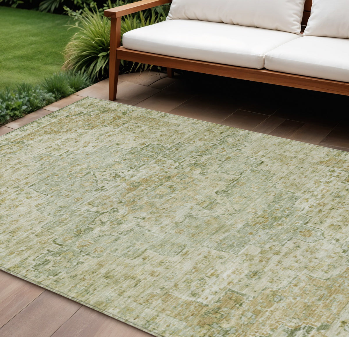 9 X 12 Sage And Wheat Medallion Washable Indoor Outdoor Area Rug