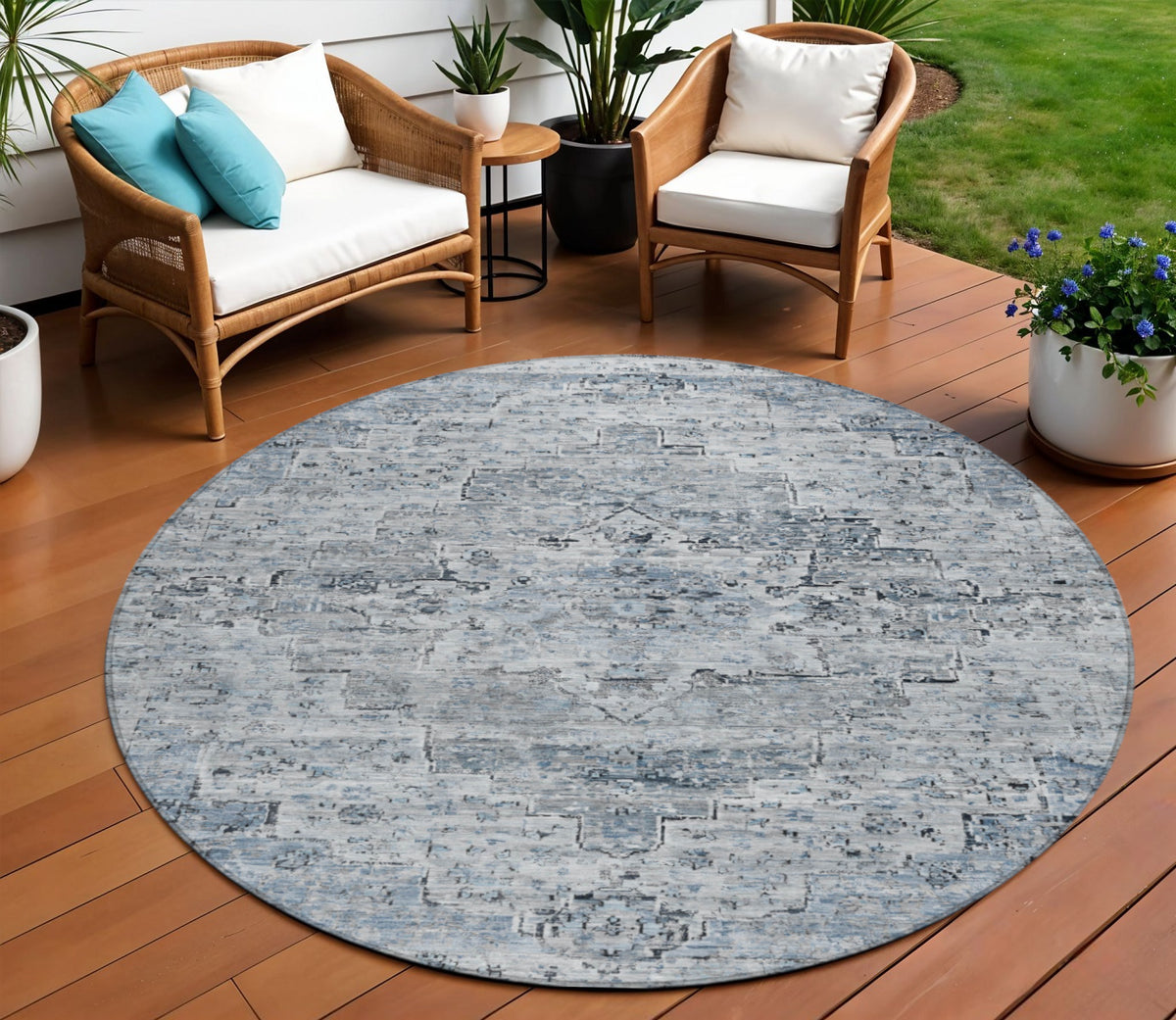 8 Sky Blue And Denim Blue Round Medallion Washable Indoor Outdoor Area Rug