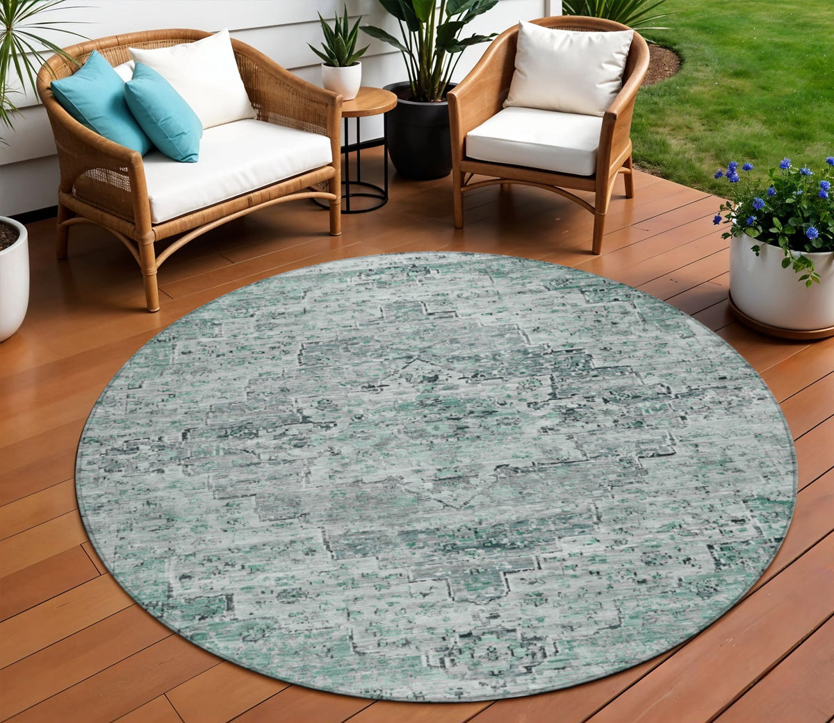 8 Teal Blue And Pale Aqua Round Medallion Washable Indoor Outdoor Area Rug
