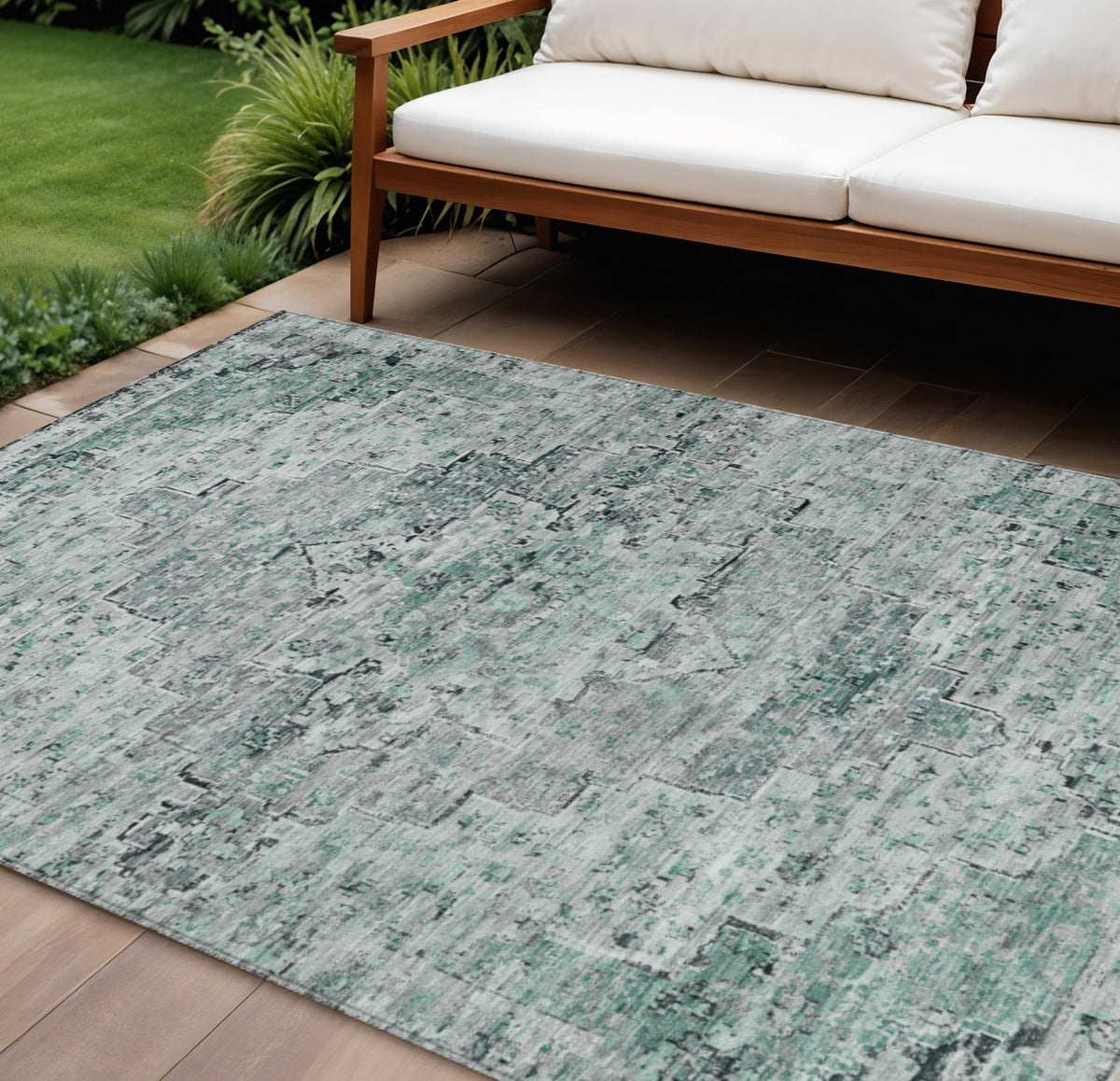 9 X 12 Teal Blue And Pale Aqua Medallion Washable Indoor Outdoor Area Rug