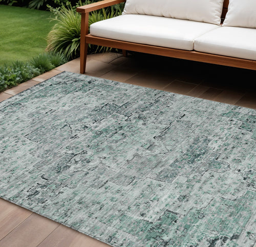 10 X 14 Teal Blue And Pale Aqua Medallion Washable Indoor Outdoor Area Rug