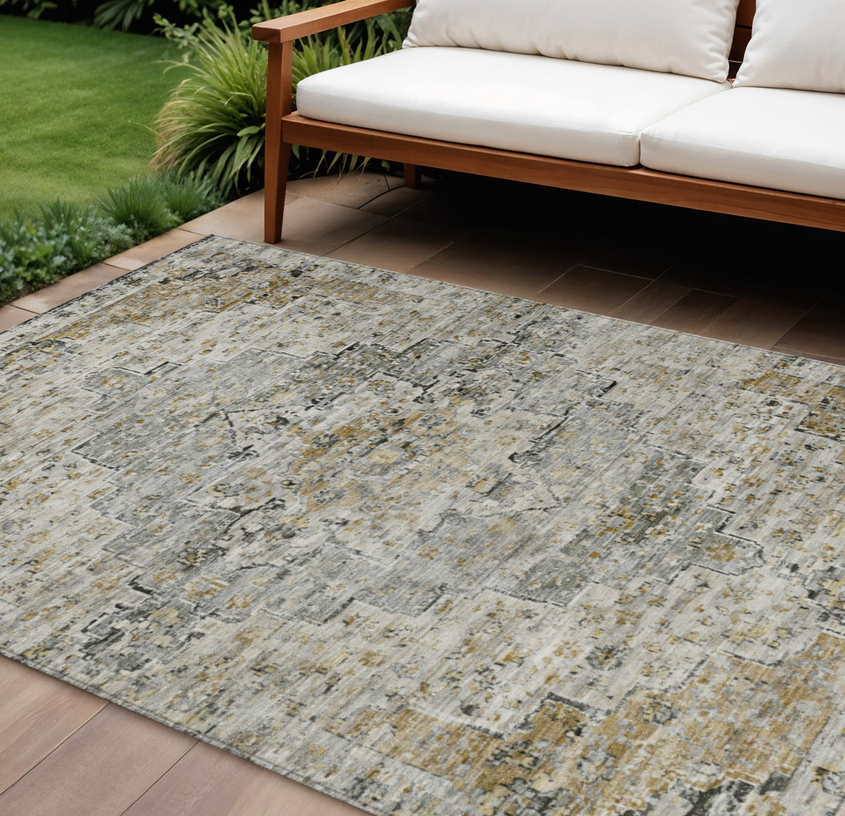 9 X 12 Taupe And Beige Medallion Washable Indoor Outdoor Area Rug