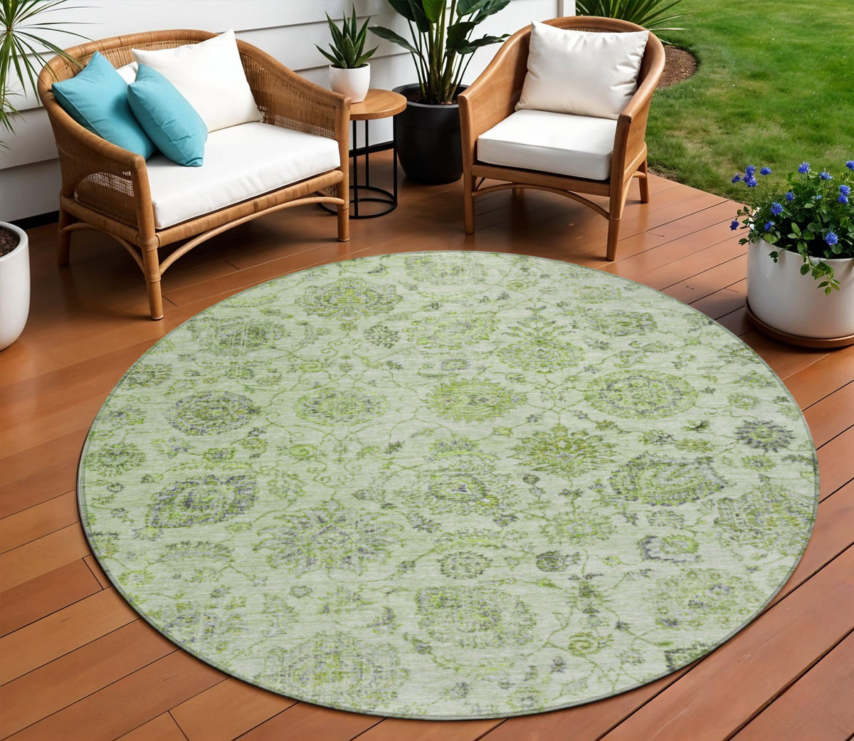 8 Artichoke Green And Gray Round Damask Washable Indoor Outdoor Area Rug
