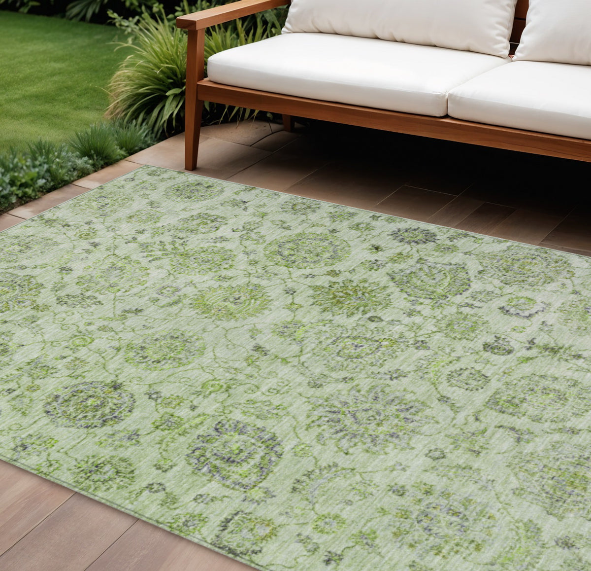 9 X 12 Artichoke Green And Gray Damask Washable Indoor Outdoor Area Rug