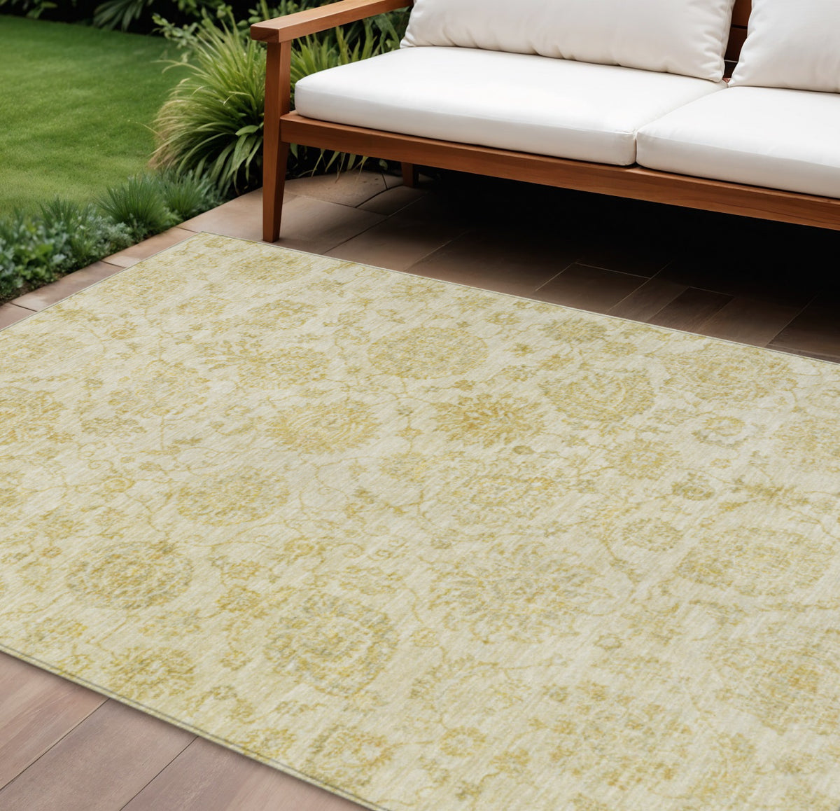 9 X 12 Gold And Beige Damask Washable Indoor Outdoor Area Rug