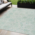 5 X 8 Turquoise And Beige Damask Washable Indoor Outdoor Area Rug