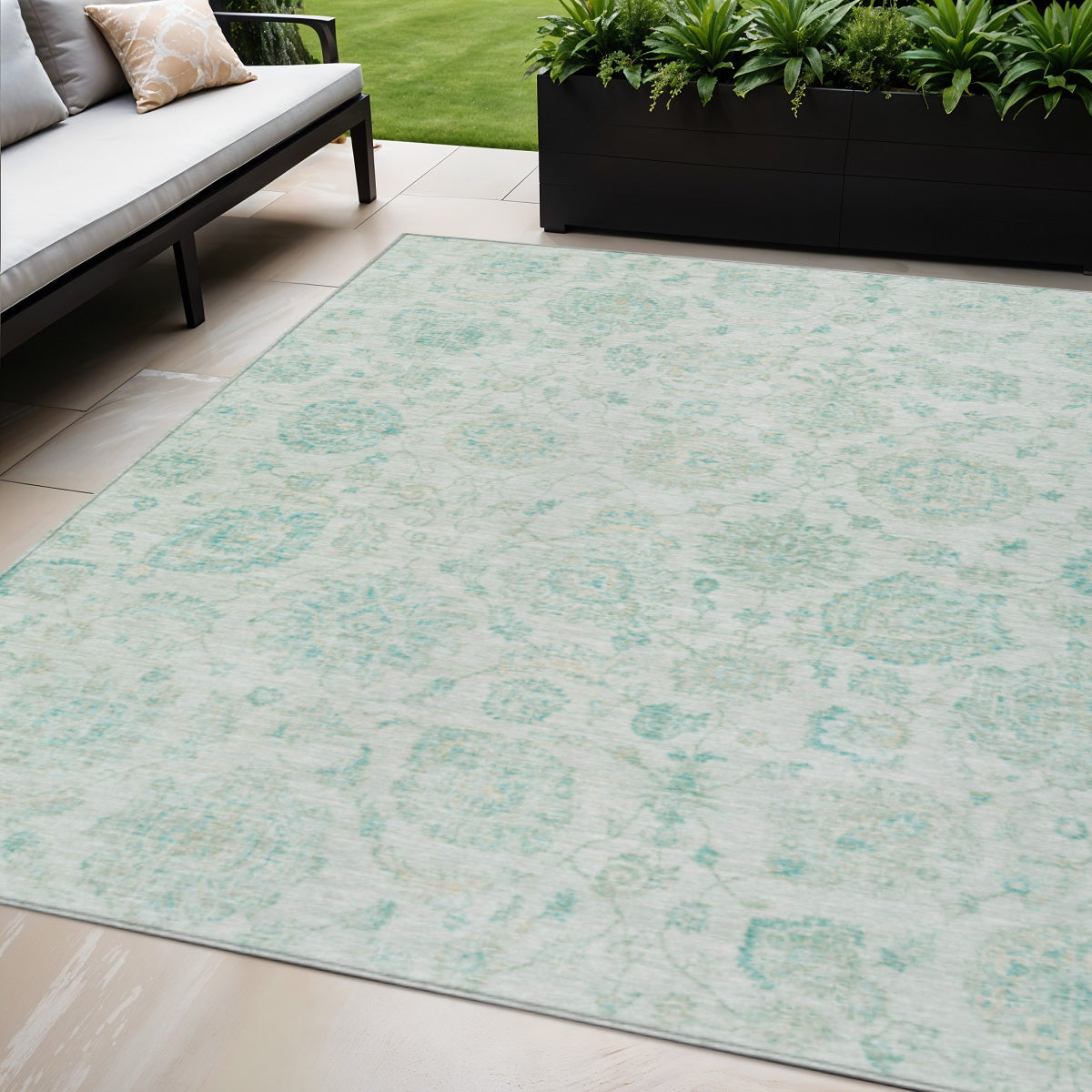 5 X 8 Turquoise And Beige Damask Washable Indoor Outdoor Area Rug