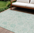 9 X 12 Turquoise And Beige Damask Washable Indoor Outdoor Area Rug