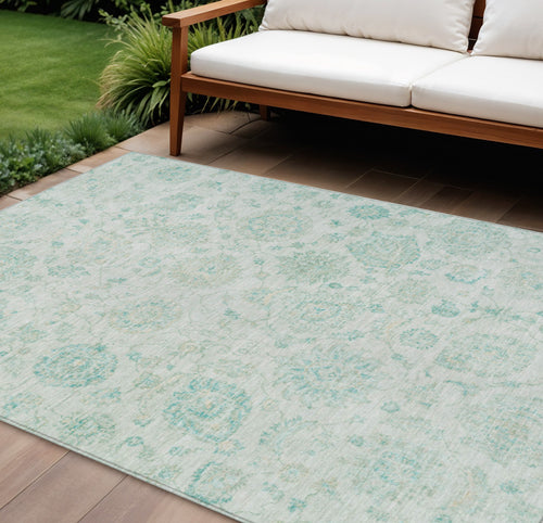 10 X 14 Turquoise And Beige Damask Washable Indoor Outdoor Area Rug