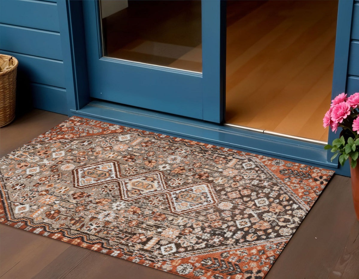 3 X 5 Brown And Ivory Aztec Washable Indoor Outdoor Area Rug