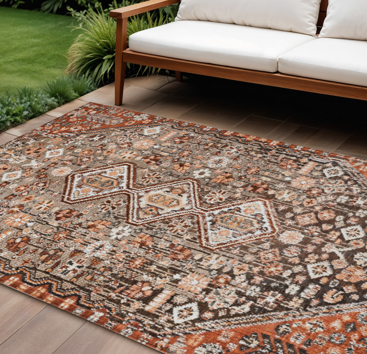 10 X 14 Brown And Wheat Aztec Washable Indoor Outdoor Area Rug