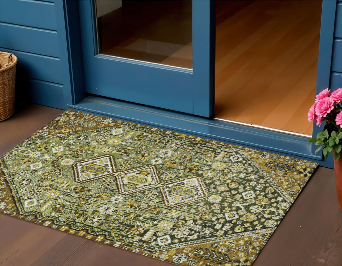 3 X 5 Olive Green And Brown Aztec Washable Indoor Outdoor Area Rug