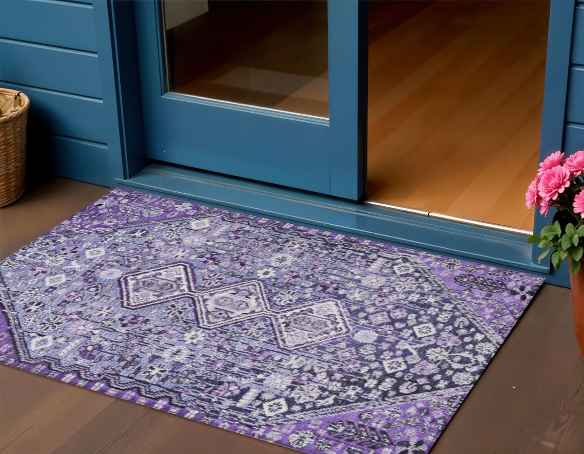 3 X 5 Purple And Ivory Aztec Washable Indoor Outdoor Area Rug