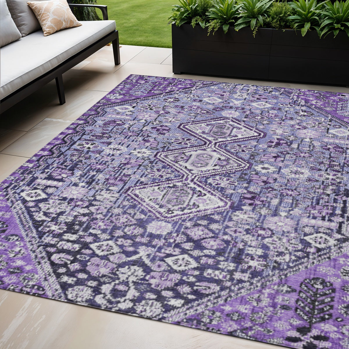 5 X 8 Purple And Ivory Aztec Washable Indoor Outdoor Area Rug