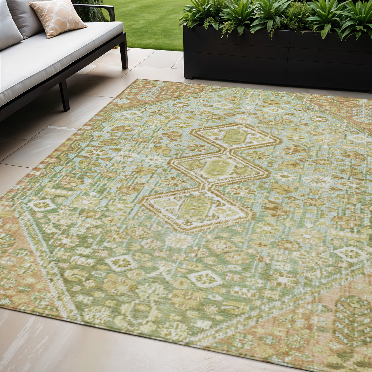 5 X 8 Sage And Ivory Aztec Washable Indoor Outdoor Area Rug