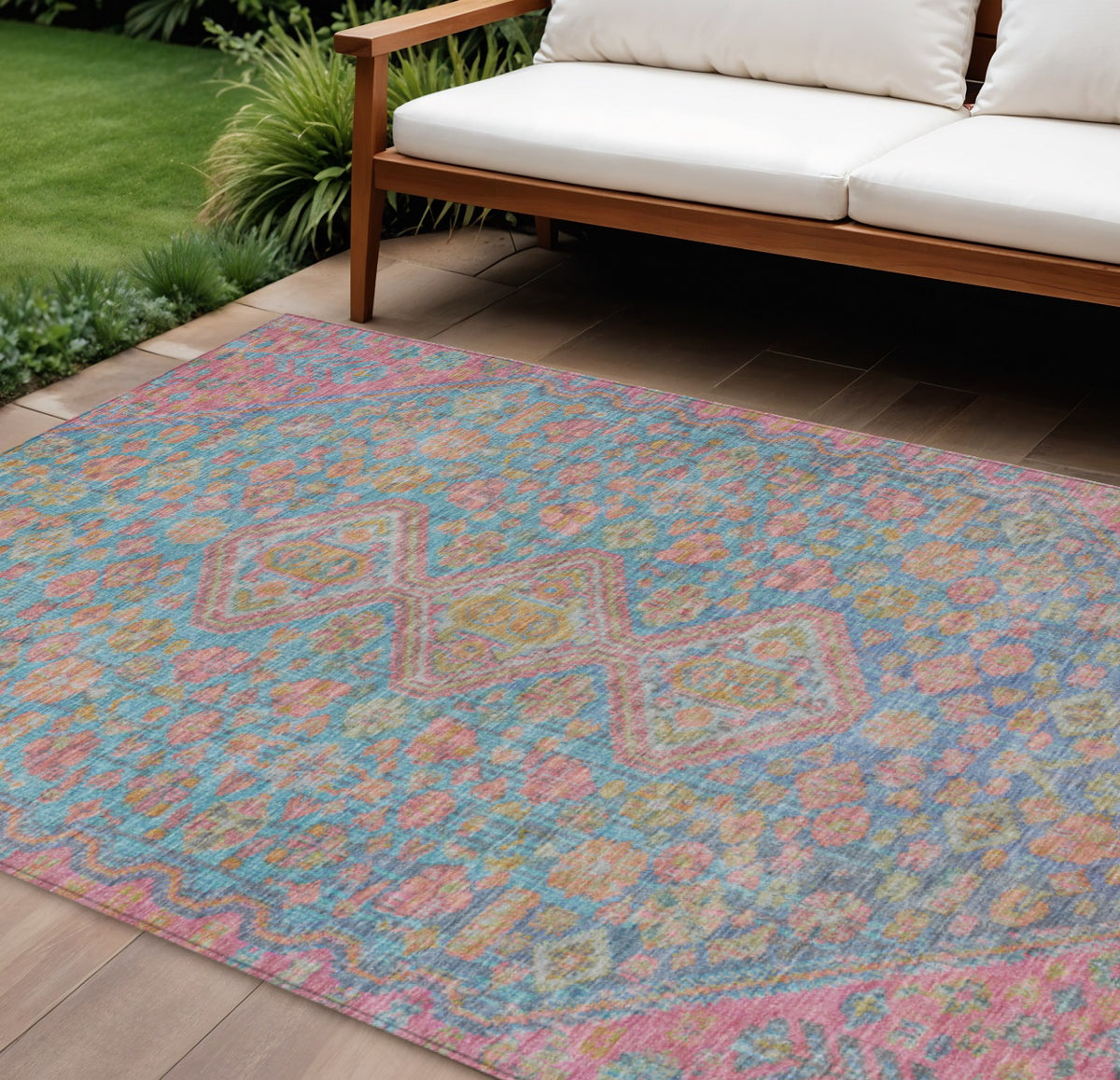 8 X 10 Sky Blue And Blush Aztec Washable Indoor Outdoor Area Rug