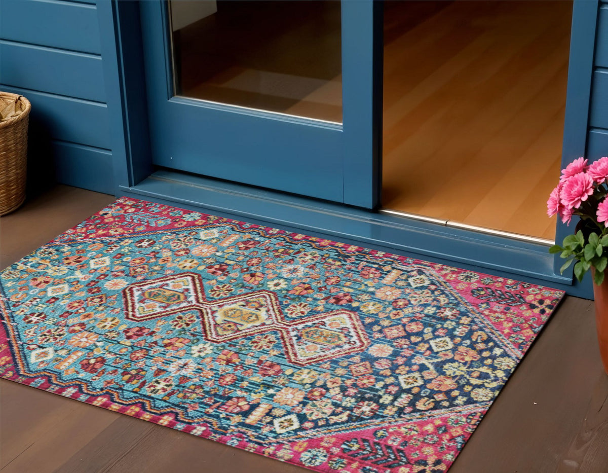 3 X 5 Teal Blue And Merlot Aztec Washable Indoor Outdoor Area Rug