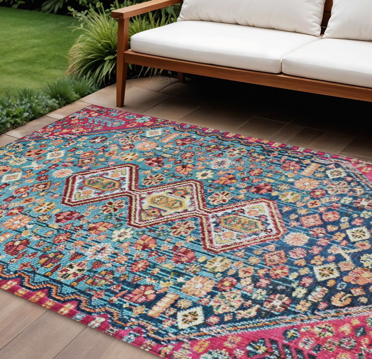 8 X 10 Teal Blue And Merlot Aztec Washable Indoor Outdoor Area Rug