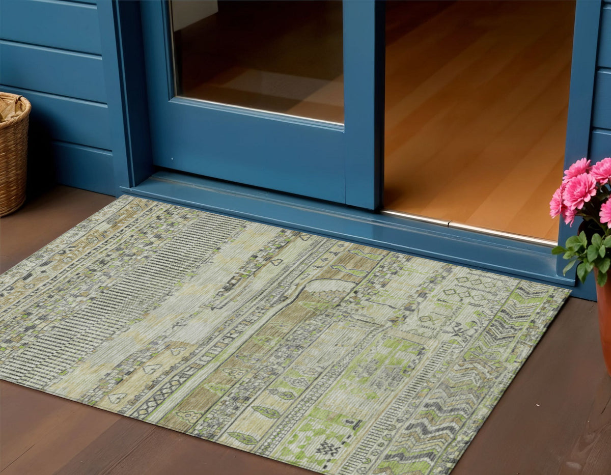 3 X 5 Beige And Mint Green Striped Washable Indoor Outdoor Area Rug