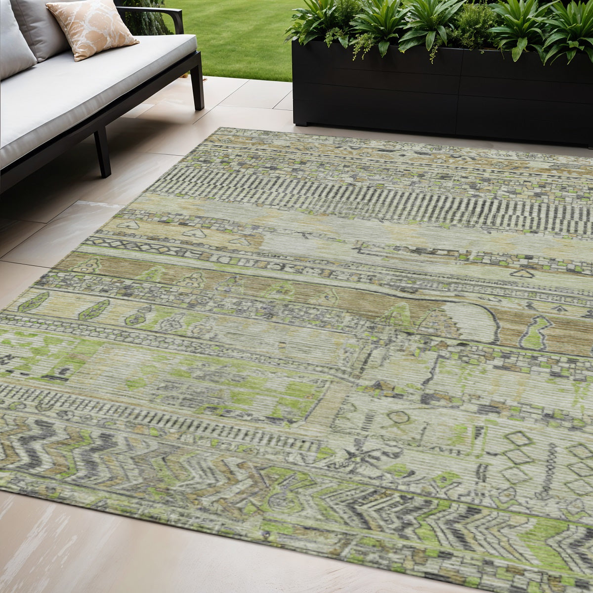 5 X 8 Beige And Mint Green Striped Washable Indoor Outdoor Area Rug
