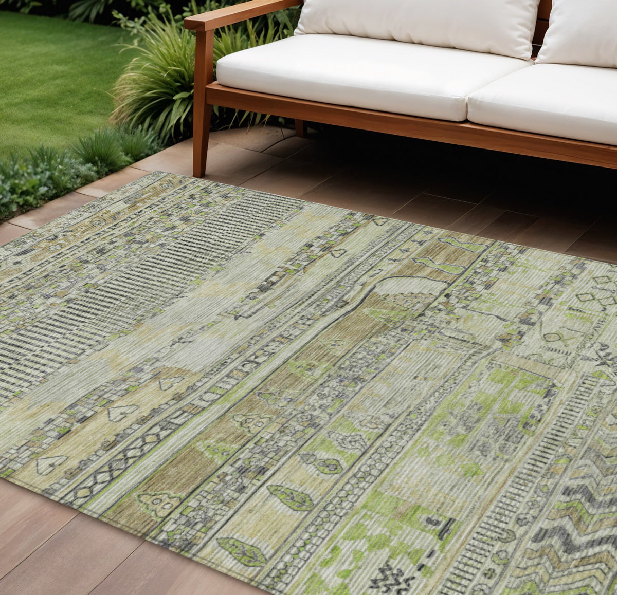 8 X 10 Beige And Mint Green Striped Washable Indoor Outdoor Area Rug