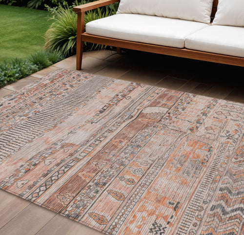 10 X 14 Terra Cotta And Gray Striped Washable Indoor Outdoor Area Rug