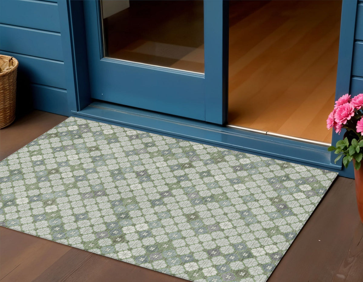 3 X 5 Mint Green Gray And Ivory Geometric Washable Indoor Outdoor Area Rug