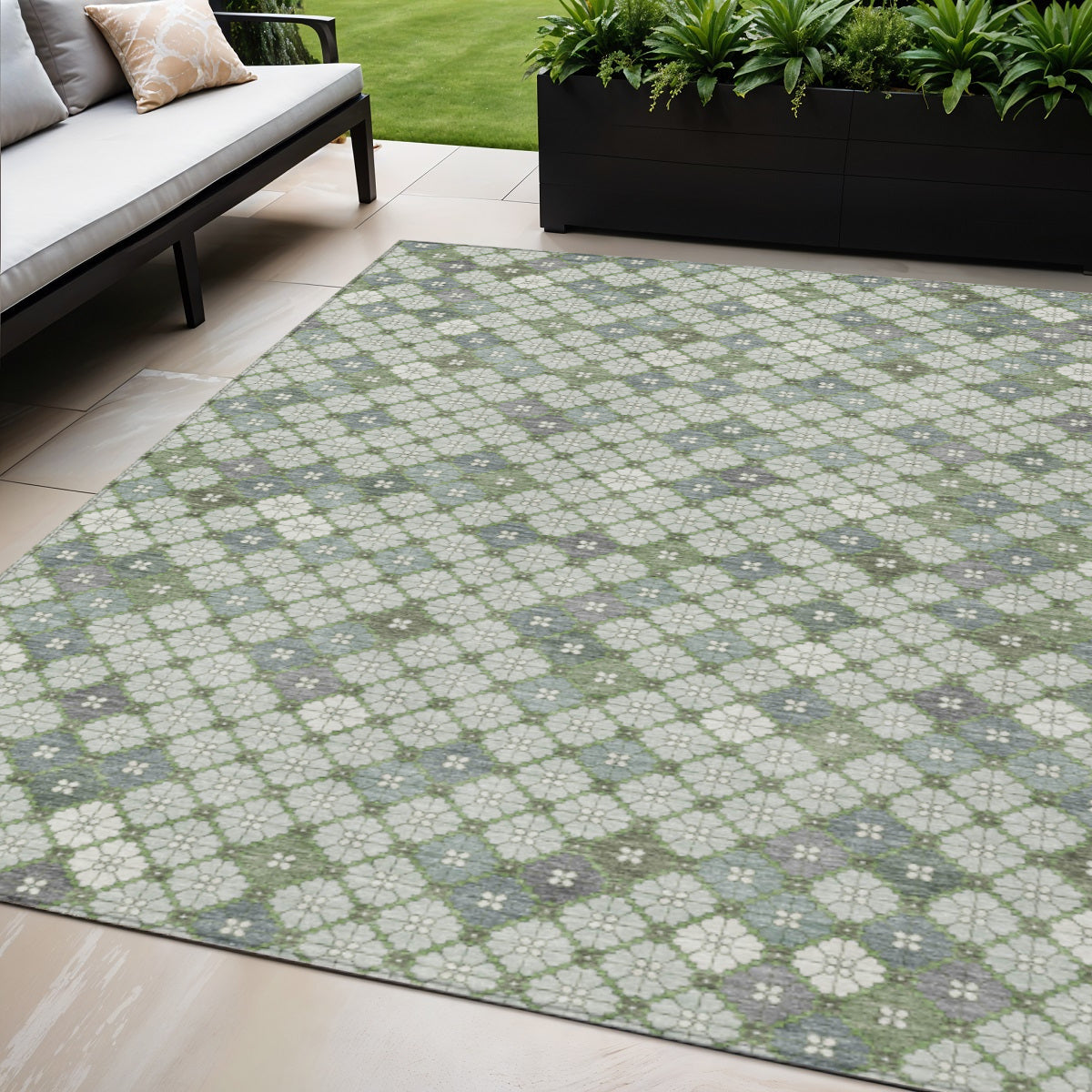 5 X 8 Mint Green Gray And Ivory Geometric Washable Indoor Outdoor Area Rug