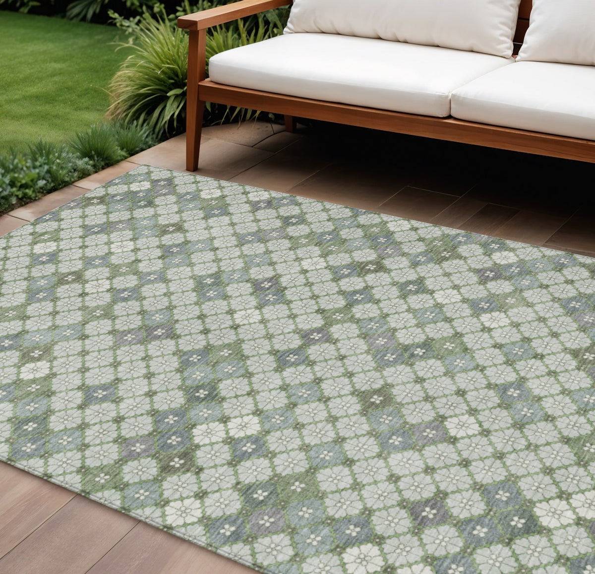 9 X 12 Mint Green Gray And Ivory Geometric Washable Indoor Outdoor Area Rug