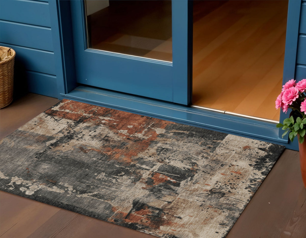 3 X 5 Taupe And Rust Abstract Washable Indoor Outdoor Area Rug