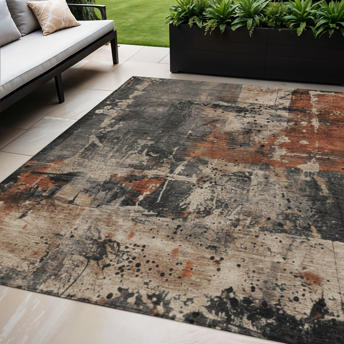 5 X 8 Taupe And Rust Abstract Washable Indoor Outdoor Area Rug