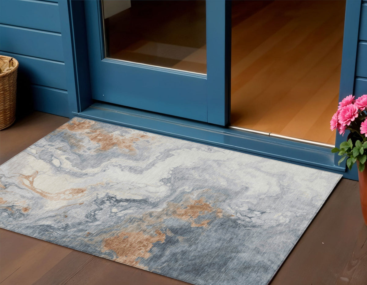 3 X 5 Gray And Rust Abstract Washable Indoor Outdoor Area Rug