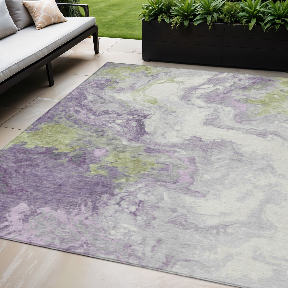 5 X 8 Lavender And Fern Green Abstract Washable Indoor Outdoor Area Rug