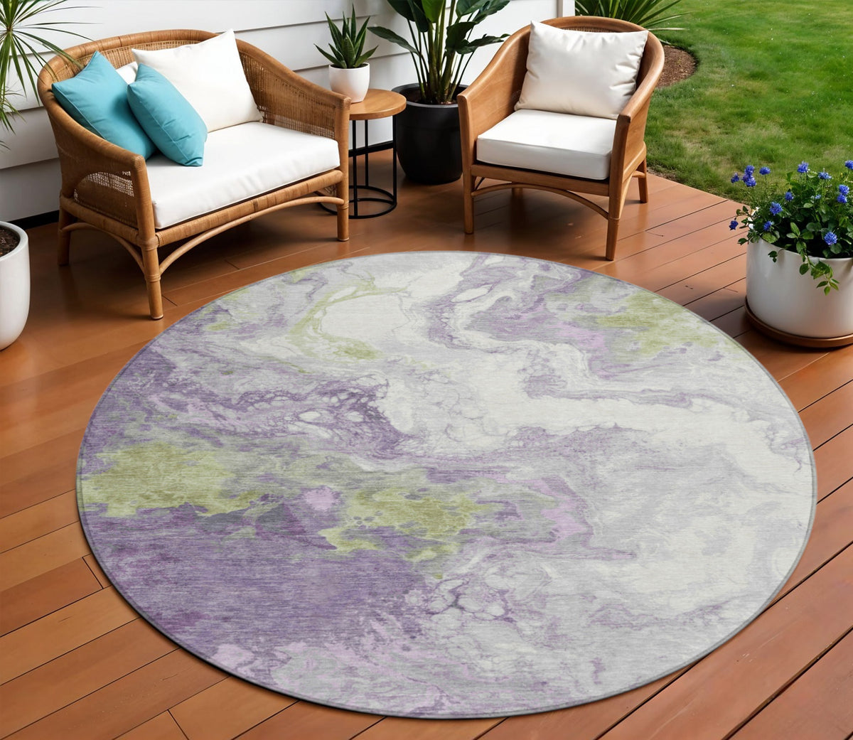 8 Lavender And Fern Green Round Abstract Washable Indoor Outdoor Area Rug