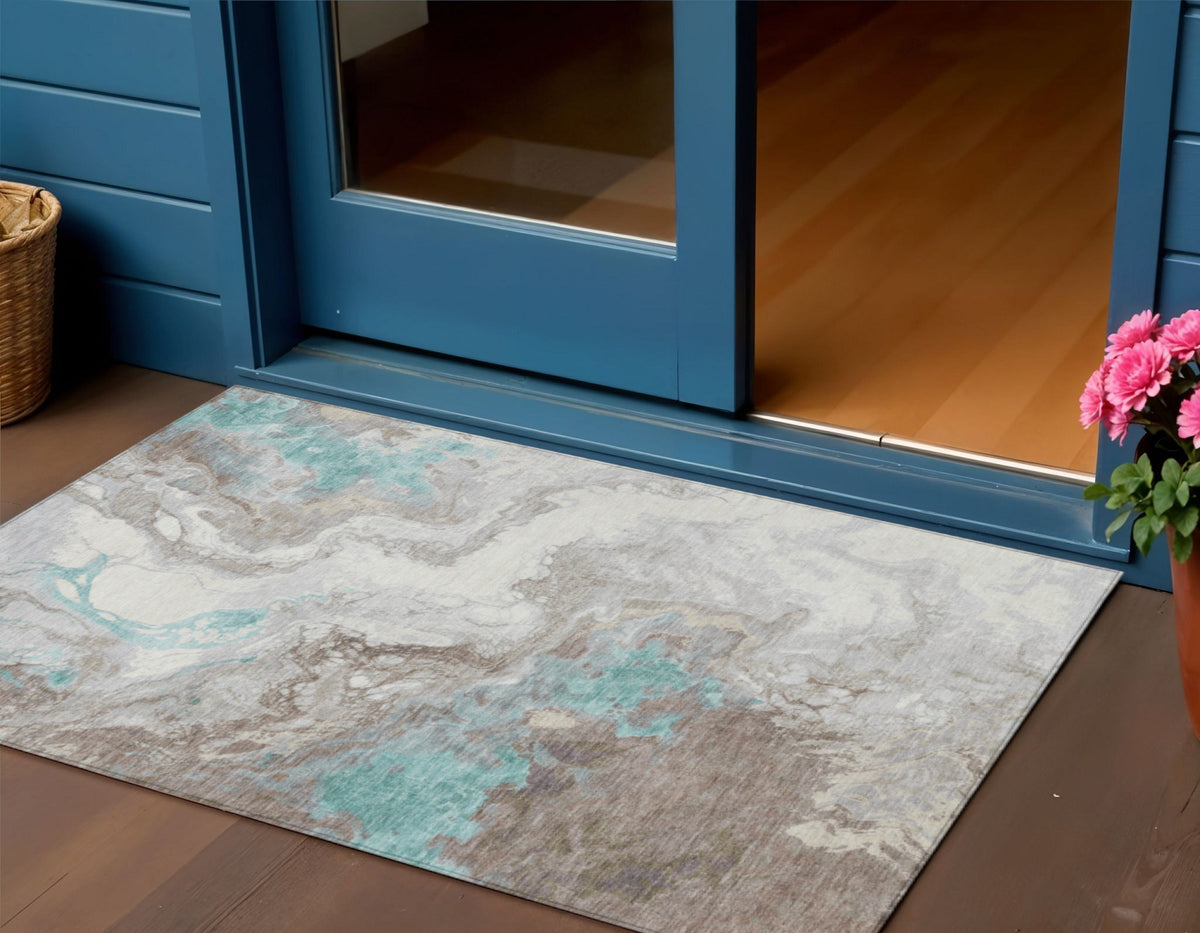 3 X 5 Teal Blue And Taupe Abstract Washable Indoor Outdoor Area Rug