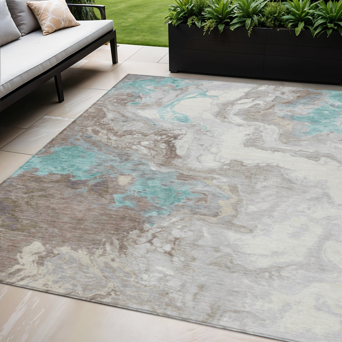 5 X 8 Teal Blue And Taupe Abstract Washable Indoor Outdoor Area Rug
