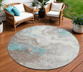8 Teal Blue And Taupe Round Abstract Washable Indoor Outdoor Area Rug