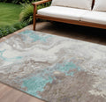 9 X 12 Teal Blue And Taupe Abstract Washable Indoor Outdoor Area Rug