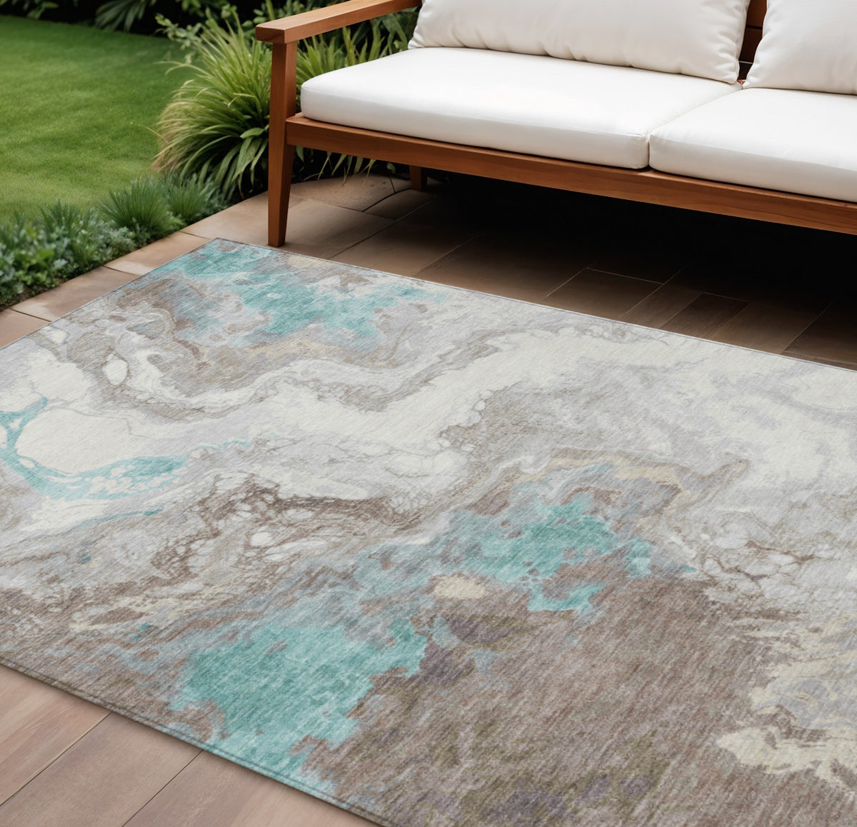 10 X 14 Teal Blue And Taupe Abstract Washable Indoor Outdoor Area Rug